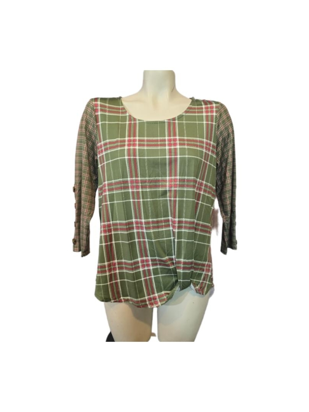 FLJ Studio Plaid Green Scoop-Neck Tunic Top with Button-Tab Sleeves Size Small